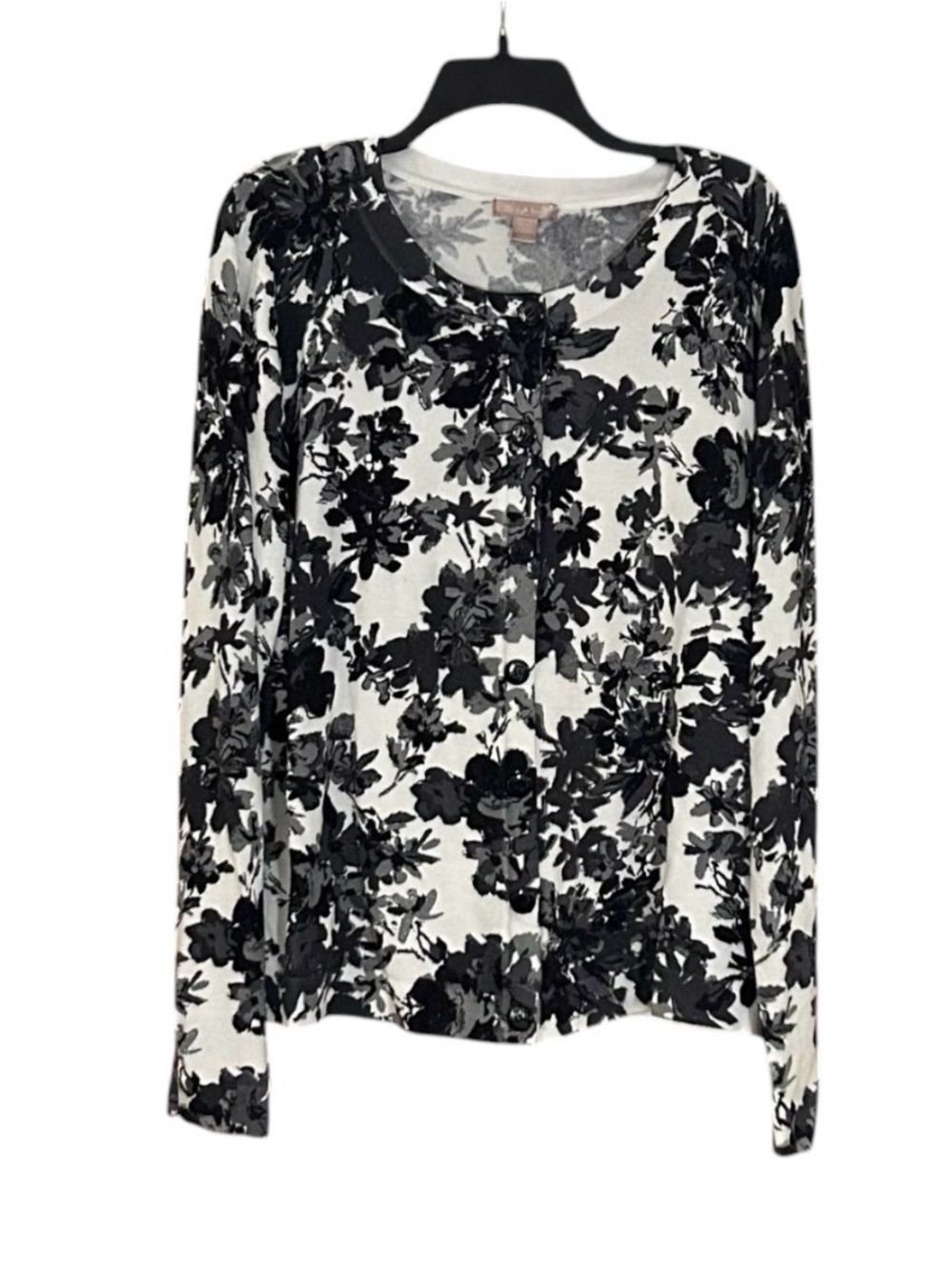 White Stag XL Cardigan Black White Floral Button Front Lightweight Sweater Knit